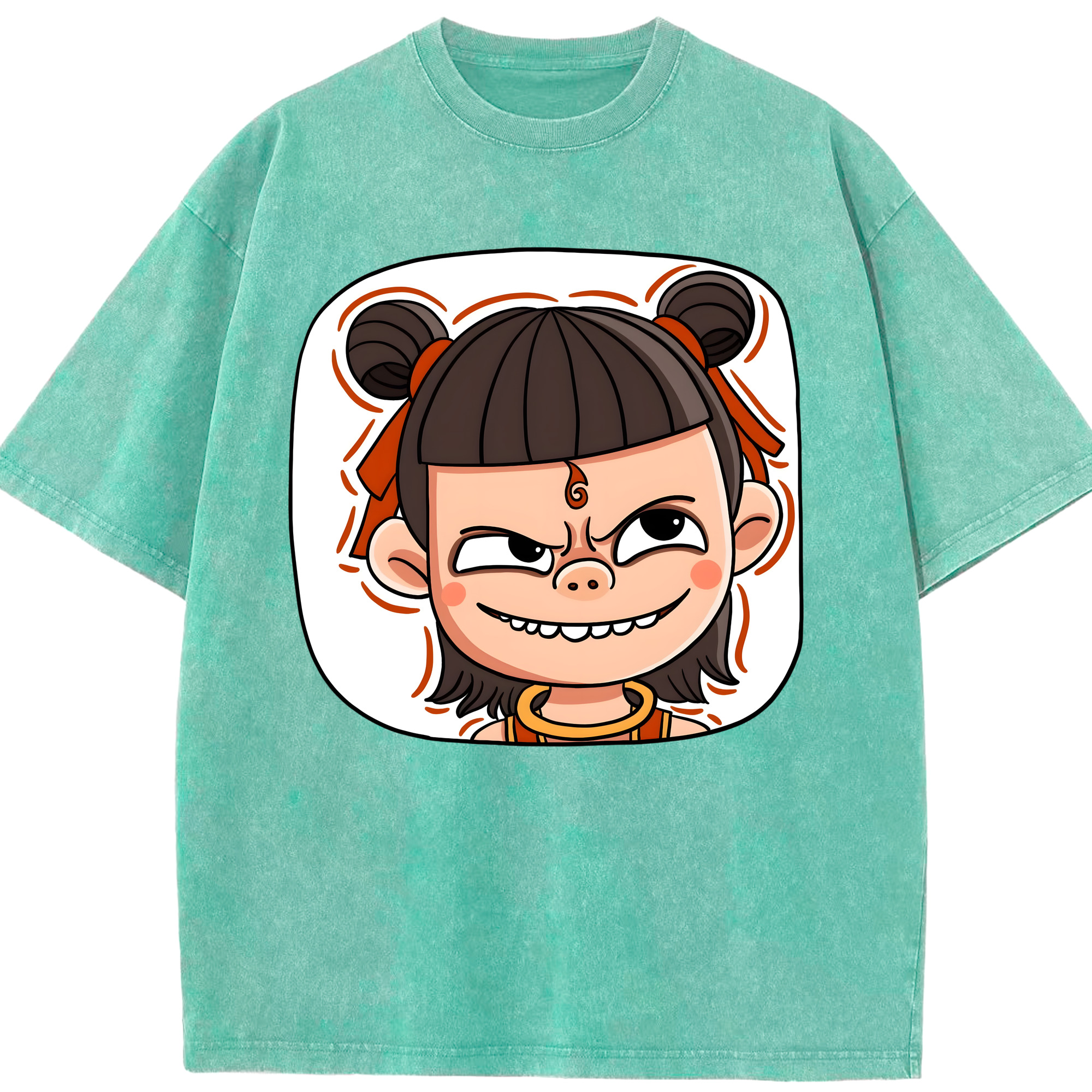 （画像用） Ne Zha 2 ナタ 魔童の大暴れ 綿100% ヴィンテージ風 半袖Tシャツ（フロントプリント）